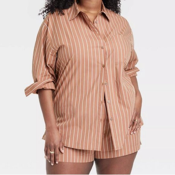 a new day Pants - A New Day Shirt & Shorts Set Brown Stripe NWT Size MEDIUM